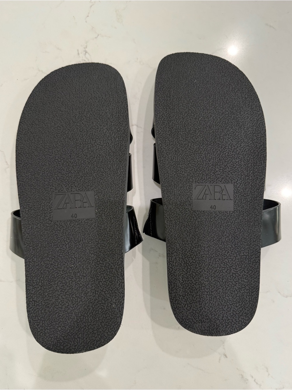 Never Worn Zara Black Slide Sandals with Embossed Logo - Picture 2 of 6